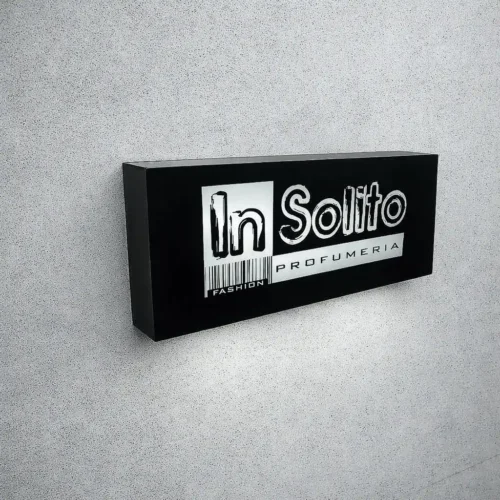 Insegna scatolata luminosa a cassonetto in PLEXIGLAS nero lucido da esterno