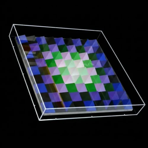 Teca espositore in cristallo acrilico protegge e valorisa una opera d'arte di Victor Vasarely