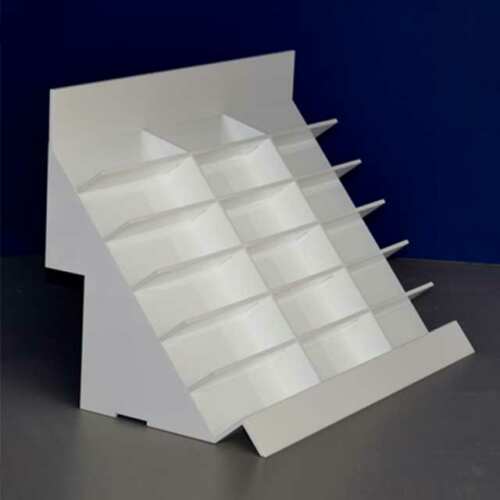 espositore porta occhiali plexiglass a scaletta con testata pubbbicitaria Grandvision